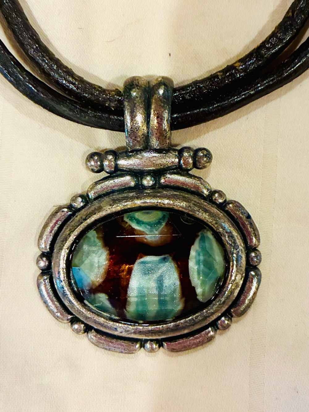 Chico’s Artisan Turquoise & Brown Oval Pendant Necklace on Brown Leather